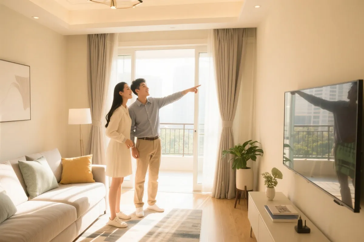 幸福情侣看房的明亮场景